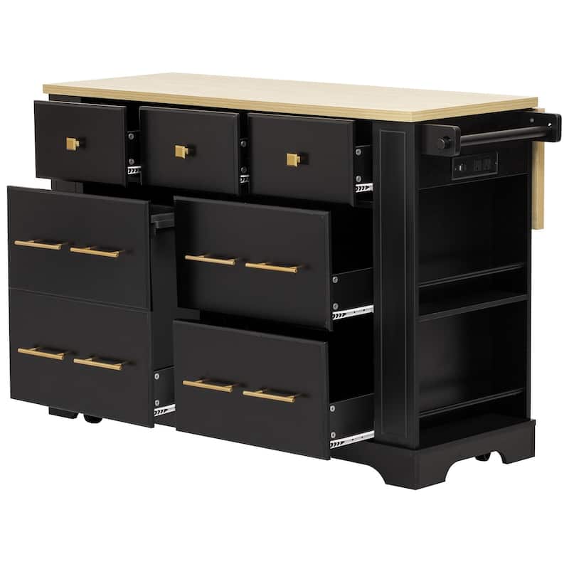 Kitchen Island with 6 Drawers, Pull Out Trash Can Storage, with Drop Leaf, Power Outlet, 5 Open Side Racks