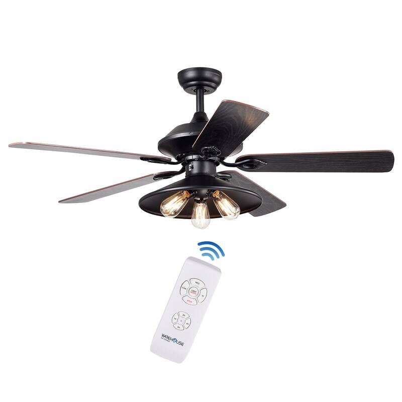 Matte Black 3-light Metal 5-blade 52-inch Ceiling Fan with Remote
