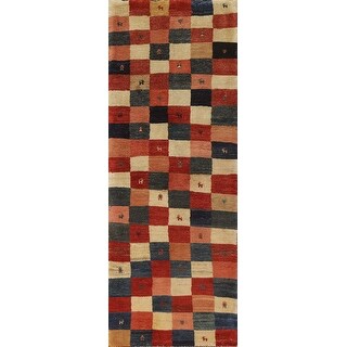 Checkered Gabbeh Persian Vintage Runner Rug Hand-Knotted Wool Carpet ...
