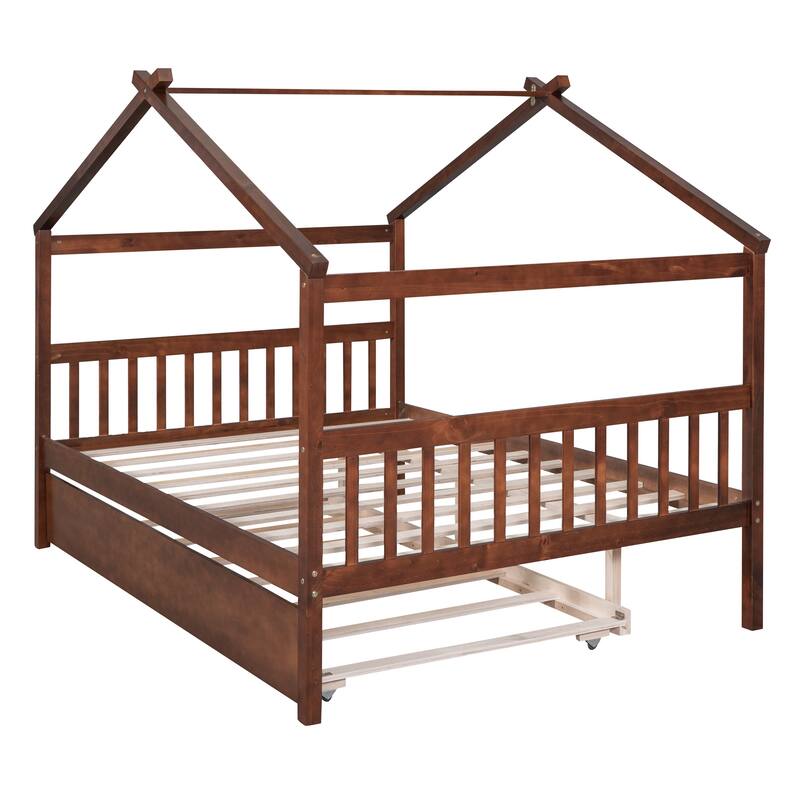 Twin/Full House Bed with Pull-Out Trundle, Solid Pine Wood Frame for Sleepovers