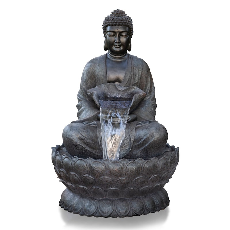 Alpine Corporation WIN1170 Outdoor Floor Calming Buddha Statue Waterfall Fountain with Realistic Stone Look, 53", Gray