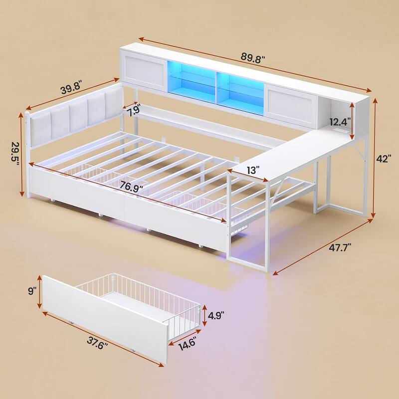 Loft Bed L Shaped Desk Daybed Power Outlet LED Light Drawers Shelves