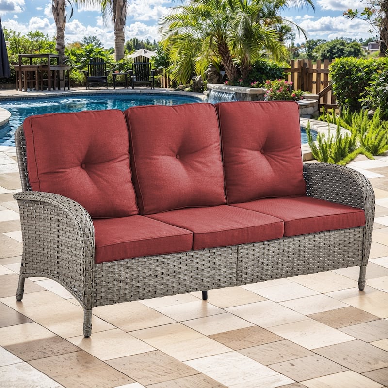 Pocassy Patio Outdoor Sofa Swivel Chairs with Ottman Table Set - Gray Wicker Red Cushion - Only 3-Seat Sofa