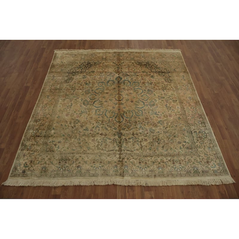 Hand Knotted Oriental Silk Carpet Traditional Floral Beige & Ivories Kashmir Area Rug - 7' 4'' X 6' 11''