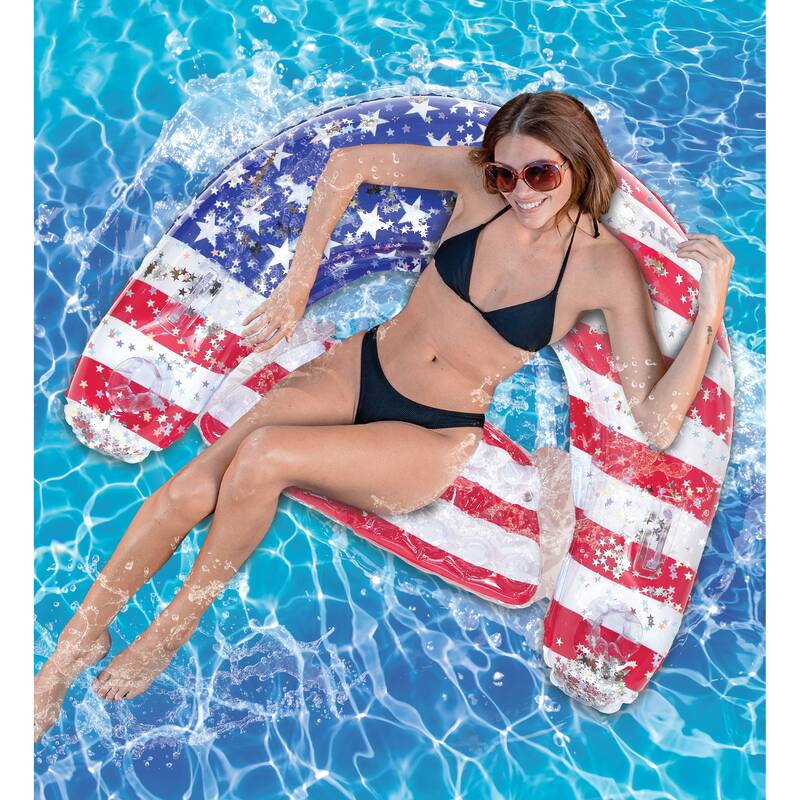 POZA Inflatable USA Flag Pool Float Chair with Sparkle Confetti - 48×38 Inch