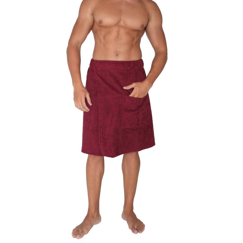 Men's Adjustable Hook and Loop Closure Turkish Terry Cotton Bath Wrap - Small/Medium - Burgundy