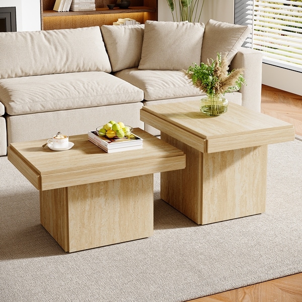 Wood Square Coffee Table Small Side Table Set of 2 Nesting Low Center Tables Beige