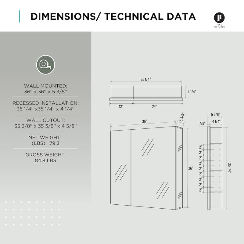 Bathroom Medicine Cabinet, Aluminum, Recessed/Surface Mount, Right/Left Hinged, Mirrored Interior