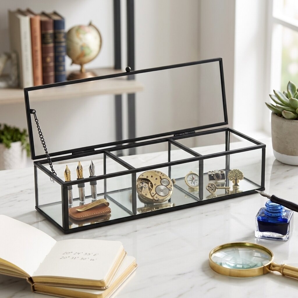 Verena 10.6" Mirrored Glass Display Box with 3 Compartments - N/A