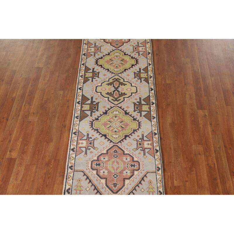Geometric Beige Kazak Indian Runner Rug Handmade Wool Carpet - 2'5"x 7'8"