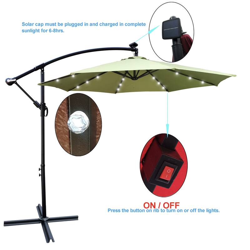 10ft Outdoor Patio Umbrella Solar LED Sun Shade Market W/ Crank & Base