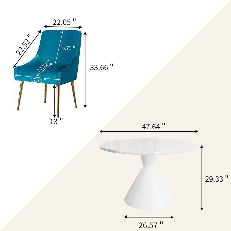 48" Light Luxury White High Gloss Large Countertop Dining Table with Velvet Dining Chair Set