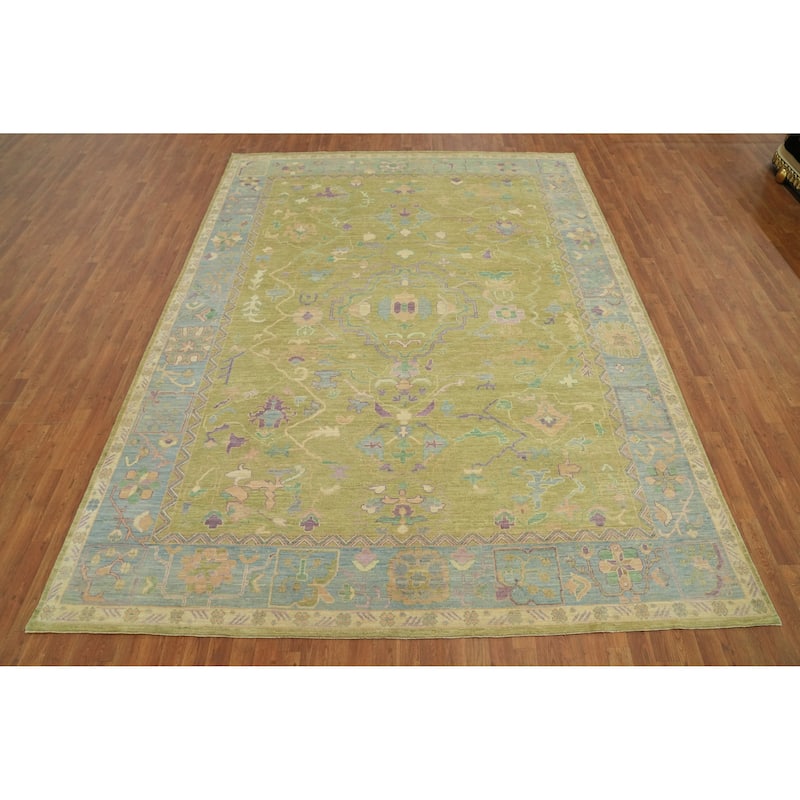 Vegetable Dye Green Oushak Turkish Area Rug, Floral Geometric Carpet - 12' 1'' X 9' 0''