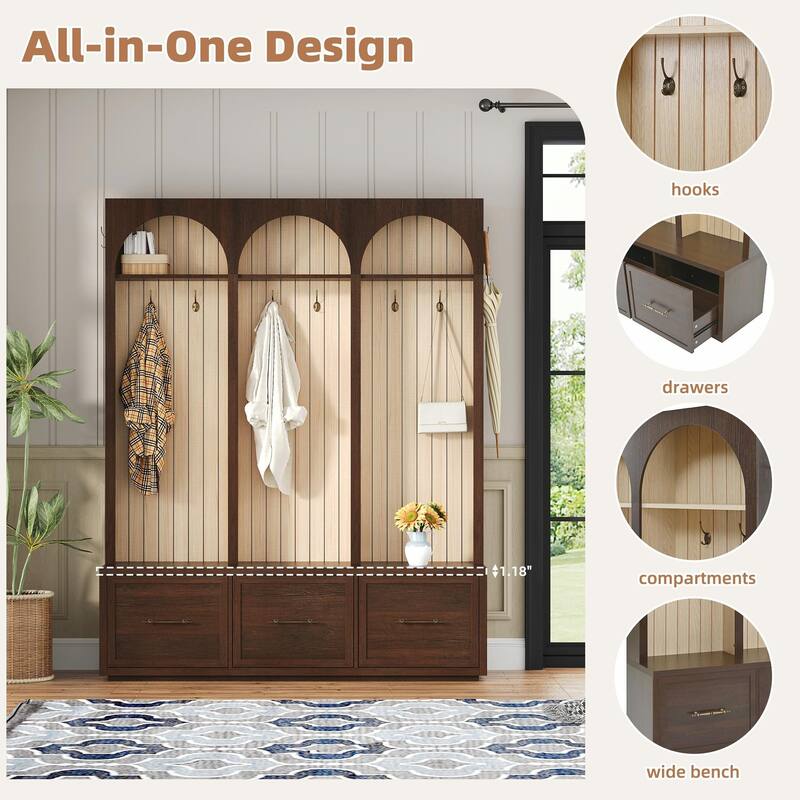 Farmhouse Wooden Style Hall Tree with Arched Design