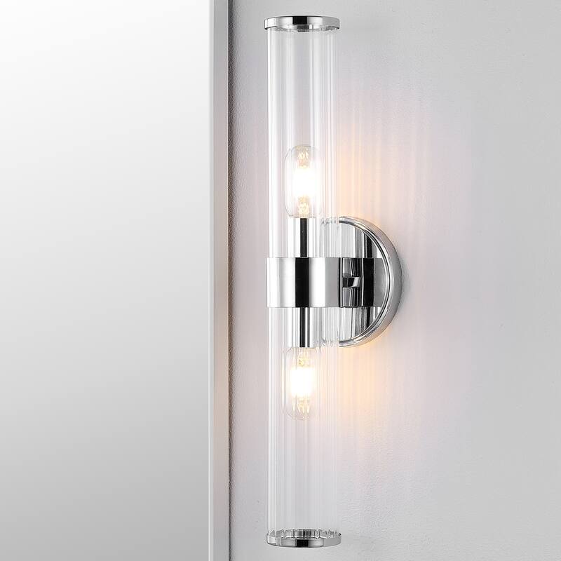 Cecil 6" 1-Light Tall Cylinder Iron/Striped Glass Modern Mid-Century LED Vanity, Chrome by JONATHAN Y - 2 Light