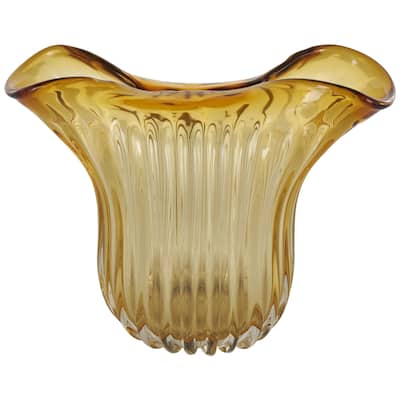 Glass Abstract Ribbed Ombre Decorative Vase with Folded Curve Opening - Orange - Roche River Decor