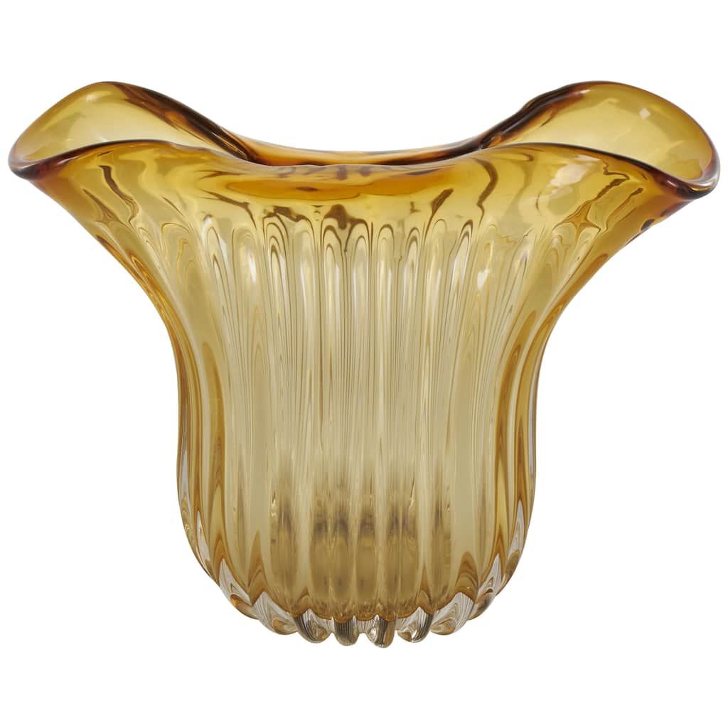 Glass Abstract Ribbed Ombre Decorative Vase with Folded Curve Opening - Orange - Roche River Decor