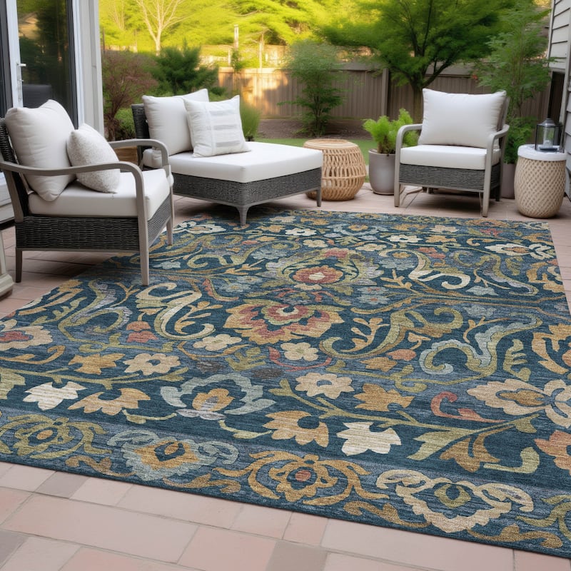 Machine Washable Indoor/Outdoor Floral Watercolor Chantille Rug
