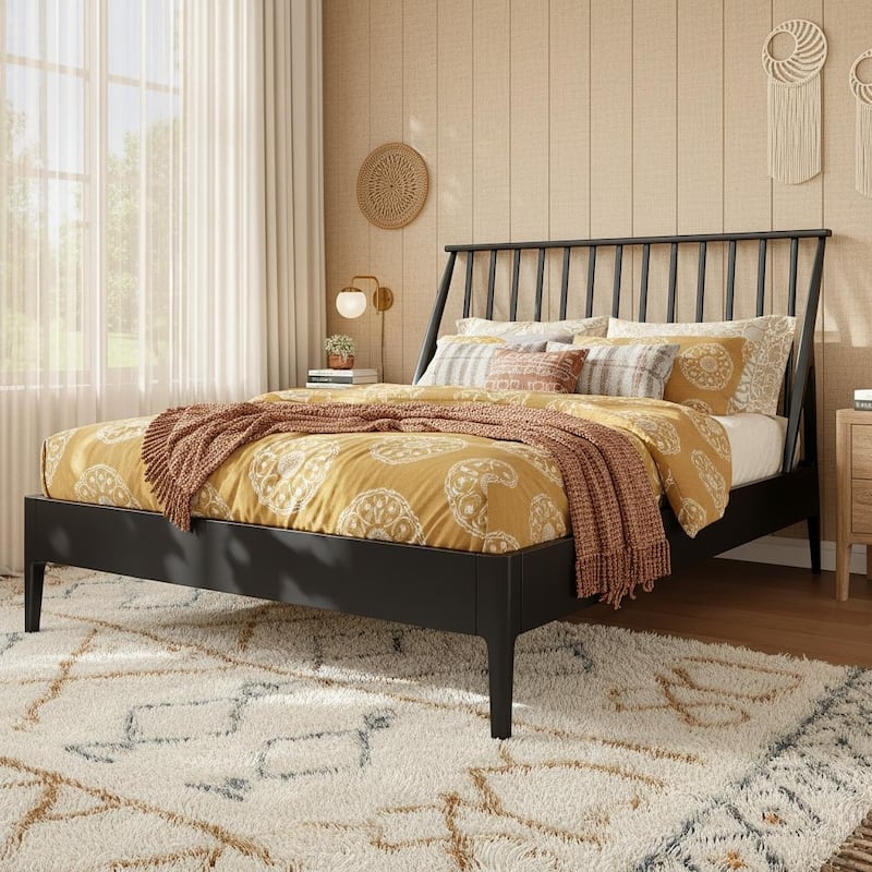Modern Boho Bamboo Bed Frame with Metal Support by Harper&Bright Designs - Black - Queen