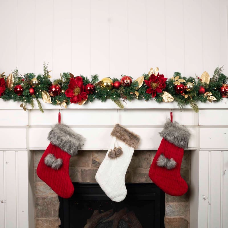 9 ft. Artificial Christmas Garland with Lights - Golden Leaf Red Magnolia - 9 Foot