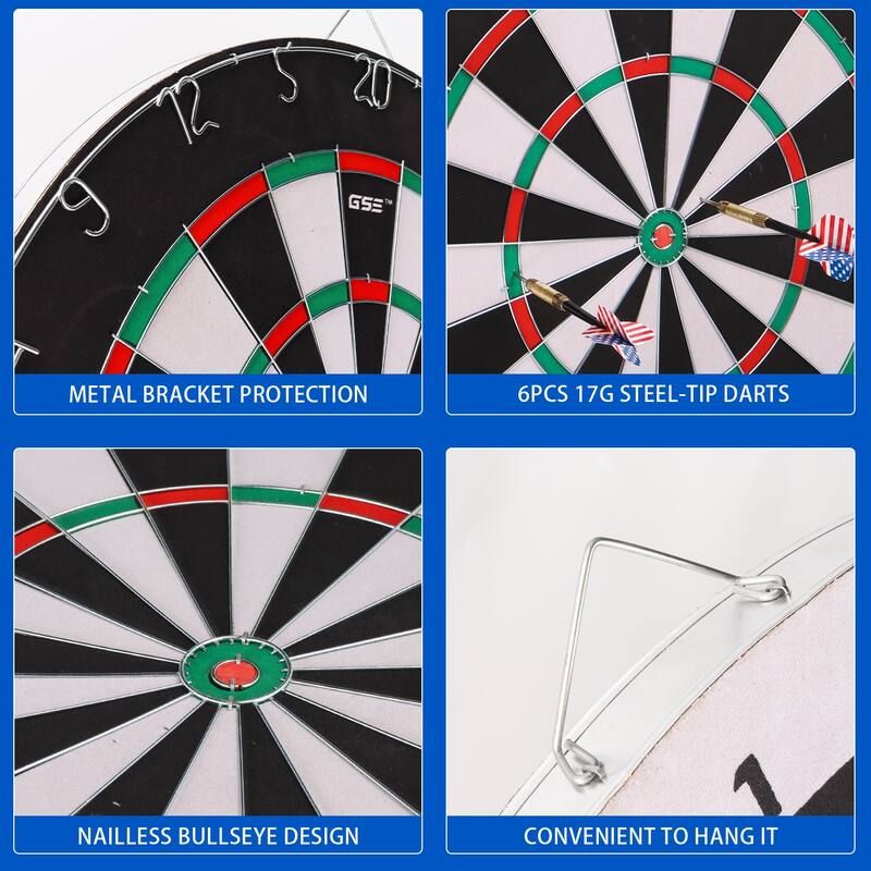 GSE™ 18" 2-in-1 Flocking Bullseye & Dart Board Games Set. Double-Sided Dartboard with six 17G Steel Tip Darts - 18-Inch