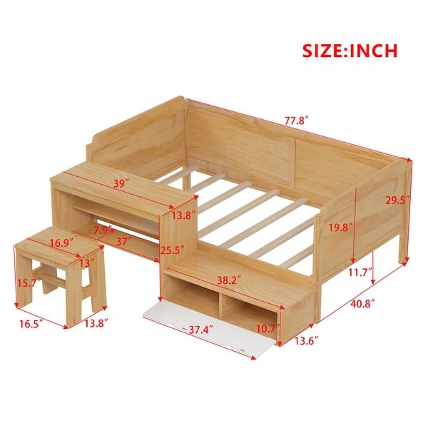 Wooden Twin Size Daybed with Storage Shelves and Lockers, Multi-functional Bed with Study Desk and Matching Stool, White
