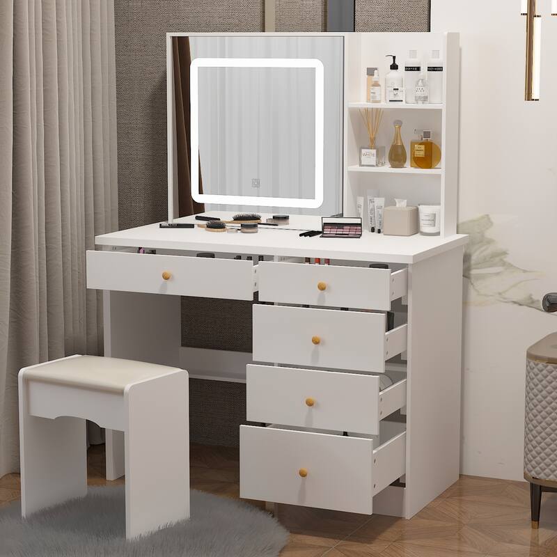 Kerrogee Makeup Vanity Set with Adjustable Lighted Mirror & Stool - 39.4"L x 19.7"W x 53.5"H - White