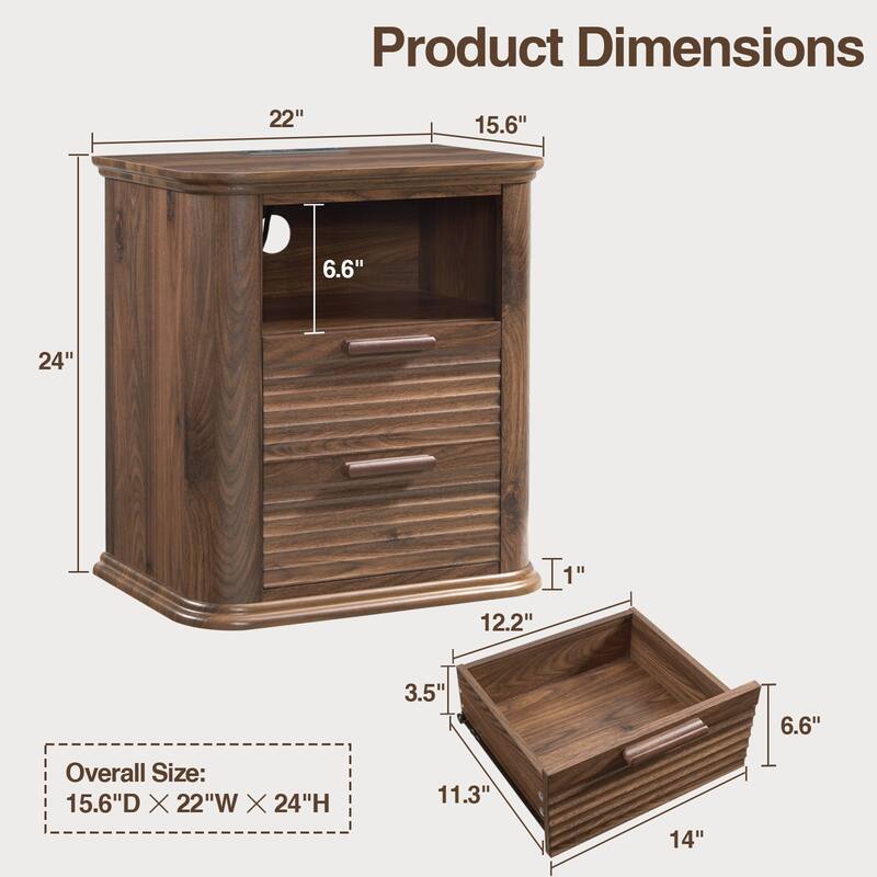 22" Fluted Night Stand with Charging Station, End Table with 2 Drawers & Open Storage, Side Tables Curved Profile Design