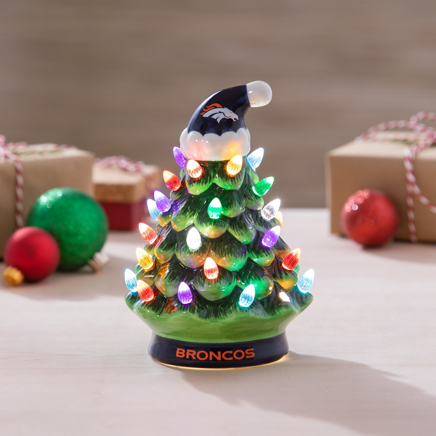 8" LED Ceramic Tabletop Christmas Tree, Denver Broncos