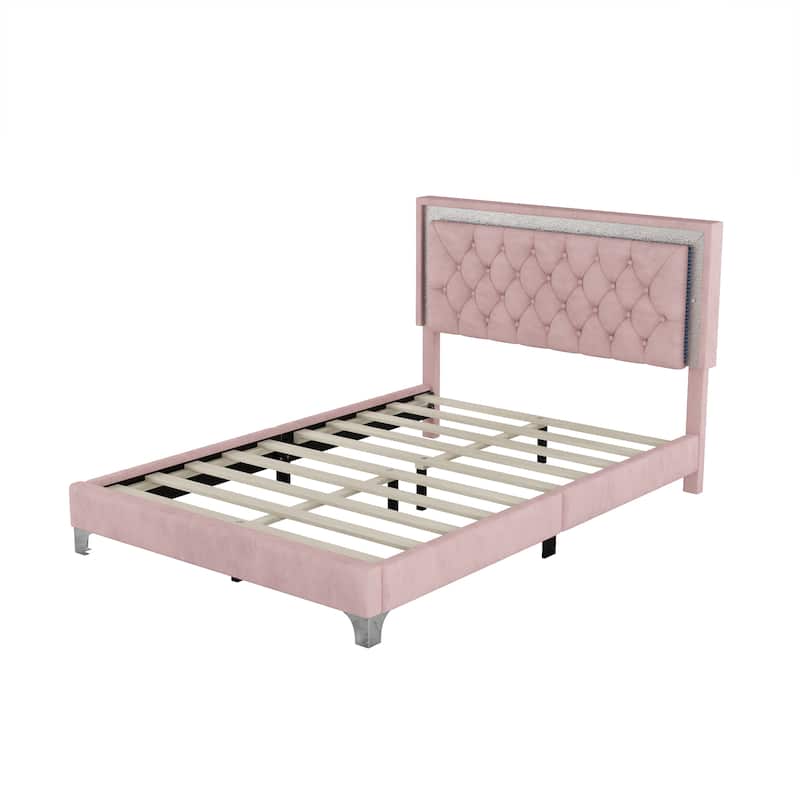 Velvet Platform Bed with Tufted Headboard and LED Lights