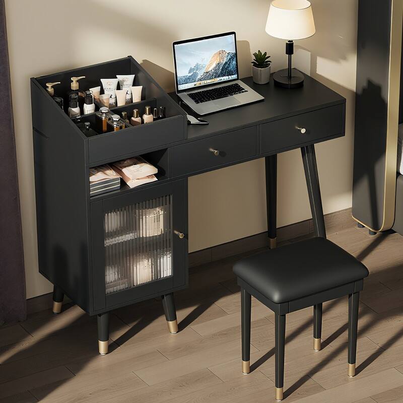 Vanity Dresser with Mirror and Stool Set Storage Drawers Luxury Furniture - Black