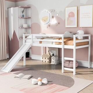 Twin Size Loft Bed with Slide and Ladder, Wooden Bedframe for Kids ...