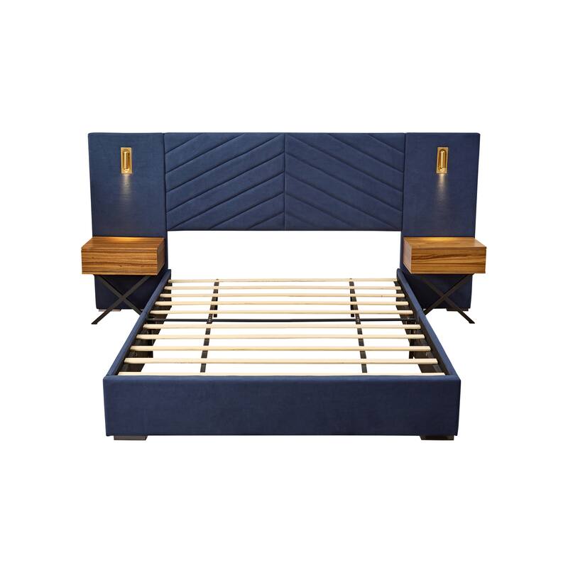 Royal Blue Velvet Bed Frame Vertical Channel Tufted Wingback Headboard Upholstered Platform Bed Wooden Slats
