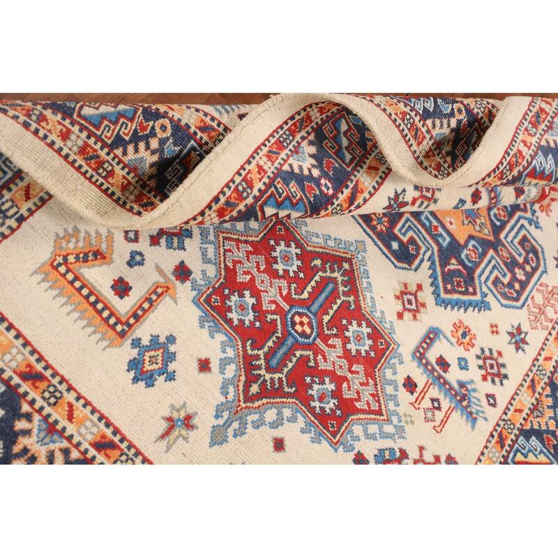 Beige / Ivory Geometric Kazak Oriental Rug Hand-Knotted Wool Carpet - 4'2" x 5'11"