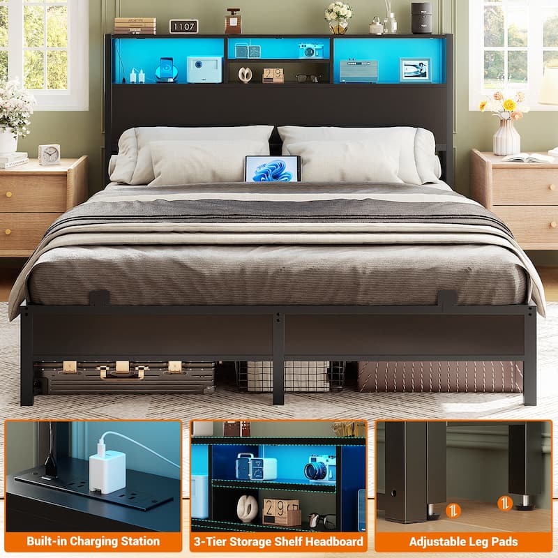 Headboard with Storage and Charge Station, Platform Bed Heaboard with LED Lights