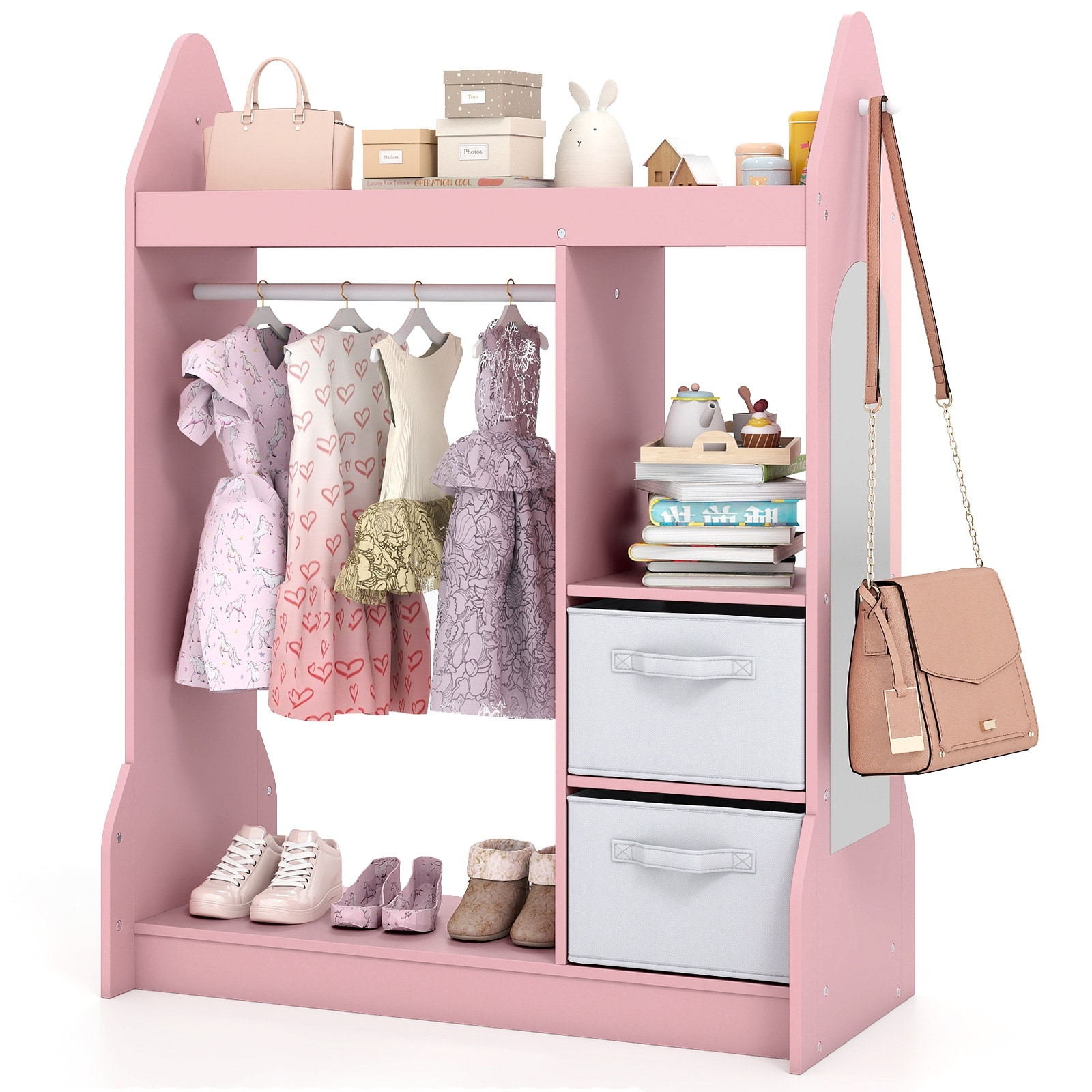 Gymax Kids Dress Up Storage w/Full-Length Mirror Shelves Hooks 2