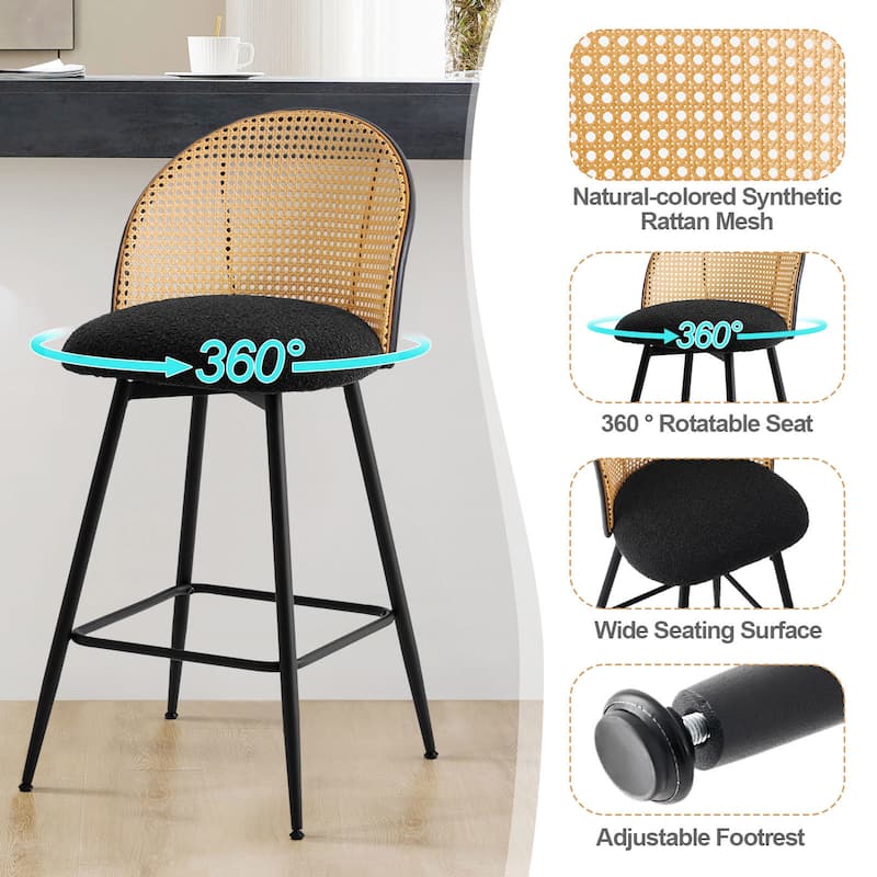26-Inch Swivel Counter Height Bar Stools with Rattan Back - 36"H x 18.5"W x 19.7"D