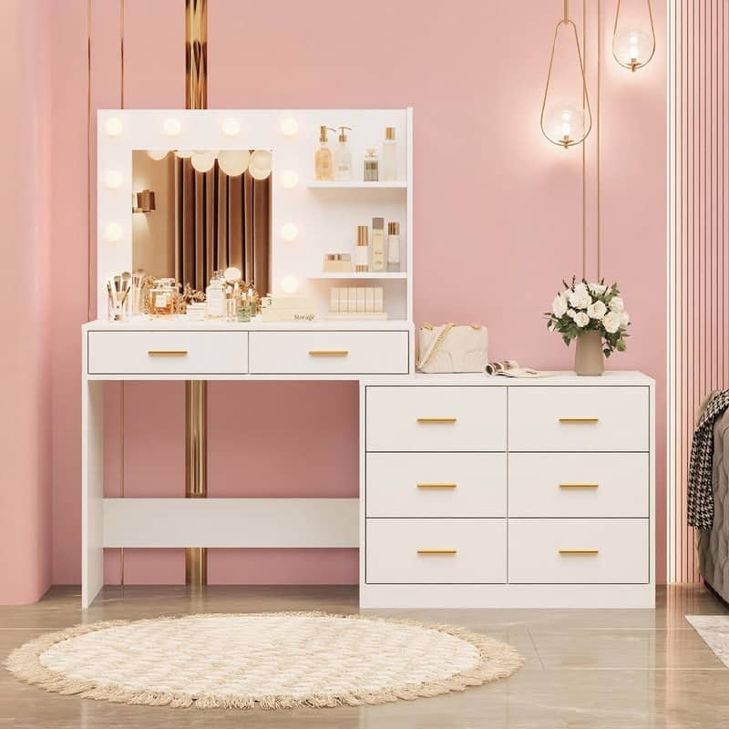 61" Makeup Vanity Desk with Mirror and Lights, 8 Drawers, 2 Shelves - White
