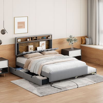 Queen size Upholstered Platform Bed with Storage Headboard, Twin XL Size Trundle & 2 drawers