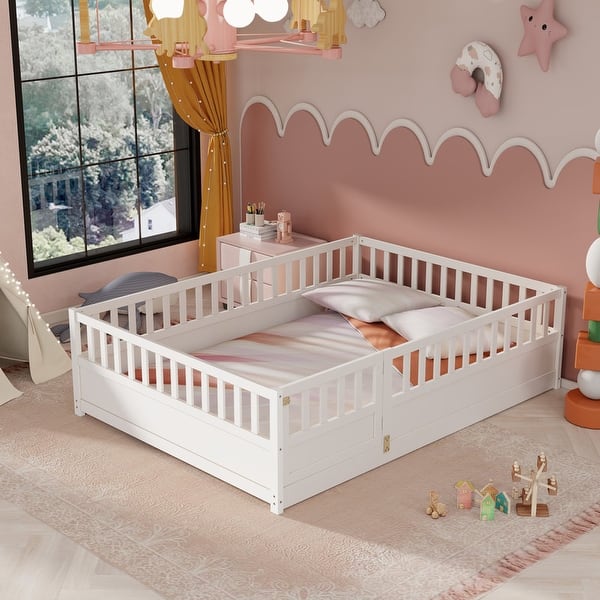 slide 2 of 16, Full size Floor bed, integral construction with super high security barrier, door, children's floor bed frame, Montessori White