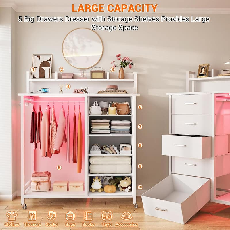 5 Drawers Dresser with Charging Station & LED Lights, Chest of Drawers with Hanging Rod ＆ Lockable Wheels ＆ Storage Shelves