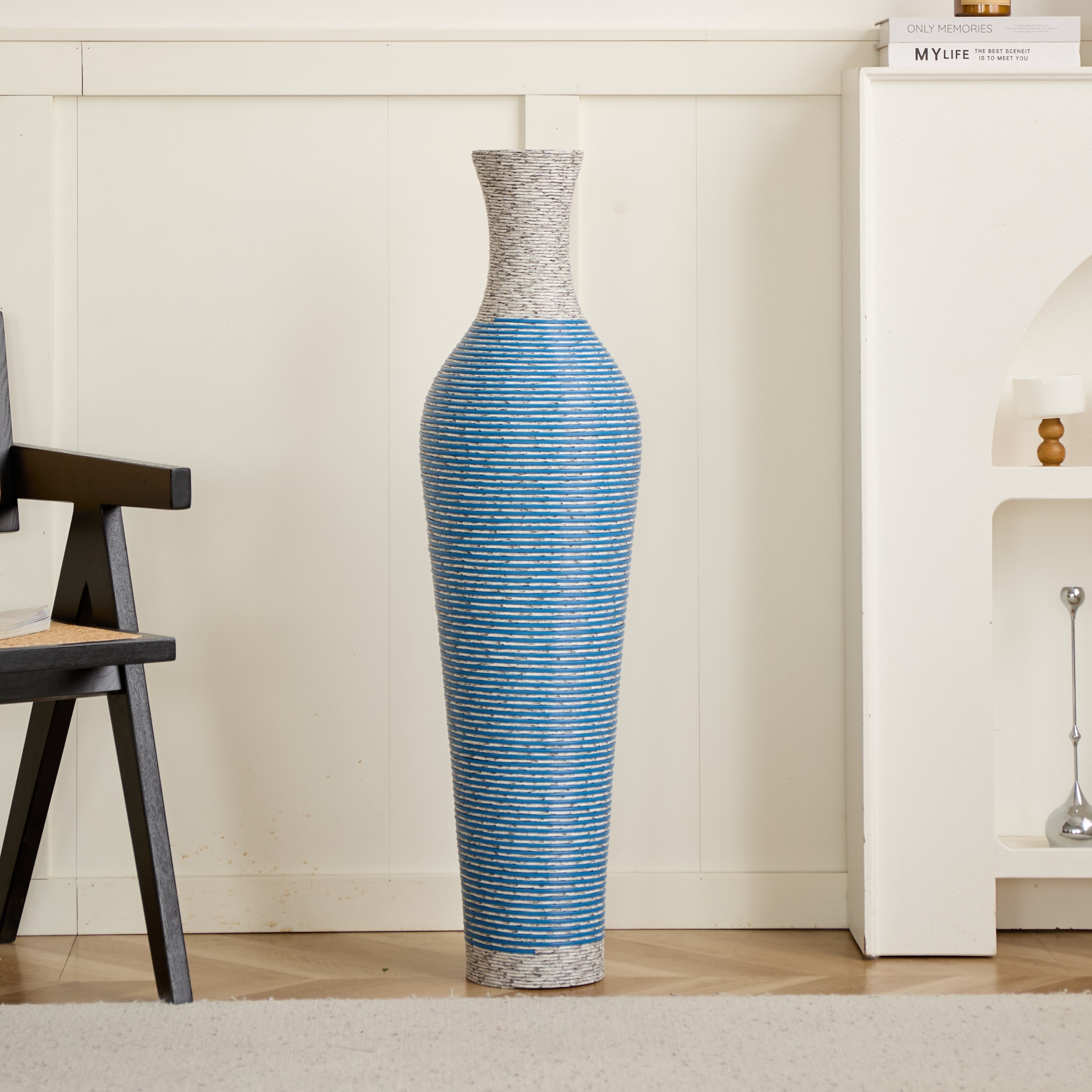 Hand-Woven Pvc Rattan Floor Vase, 39 Inch Tall Blue And White Striped Decorative Vase, Farmhouse Coastal Style Vase