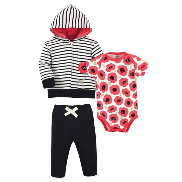 slide 1 of 1, Touched by Nature Baby and Toddler Girl Organic Cotton Hoodie, Bodysuit or Tee Top, and Pant, Poppy 0-3 Months - Poppy