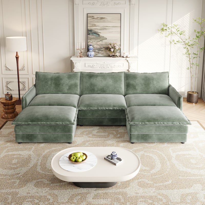 109" Corduroy 3-Seater Cloud Sectional Sofa with 2 Ottomans