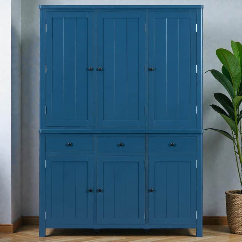 74.8 Inch Farmhouse Kitchen Pantry Cabinet, 53x20 Large Freestanding Storage with Drawers, Door Shelves and Pull-Out Trays - Blue