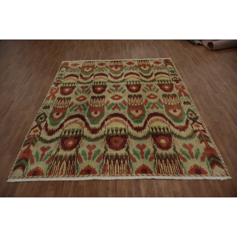Hand Knotted Oriental 100% Wool Carpet Modern Geometric Green Gabbeh Area Rug - 9' 10'' X 8' 2''