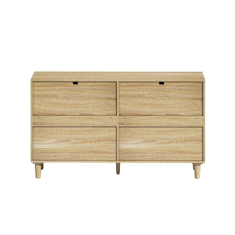 Mid-Century Modern Rattan Dresser, 6-Drawer Wicker Bedroom Dresser, Storage Cabinet with Metal Handles & Wood Legs