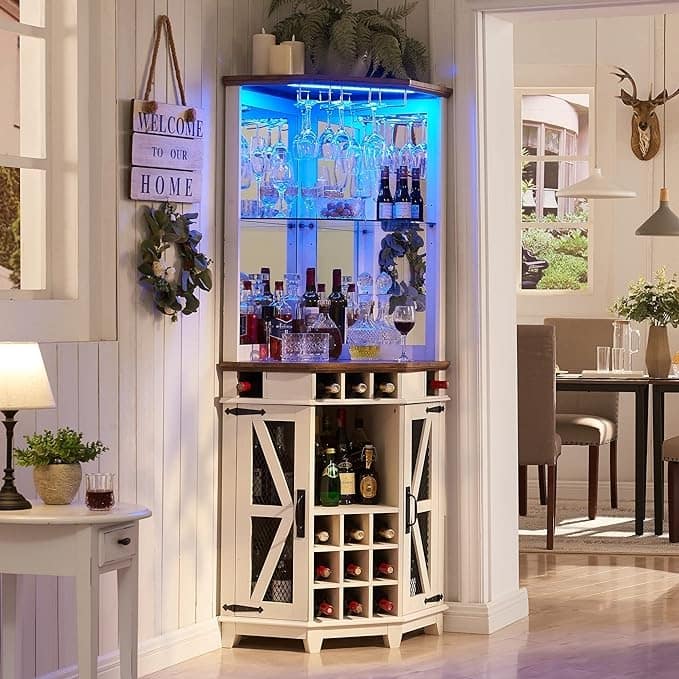 Farmhouse Corner Bar Storage Cabinet, Wine Bar Cabinet, Bar Cabinet - Antique White