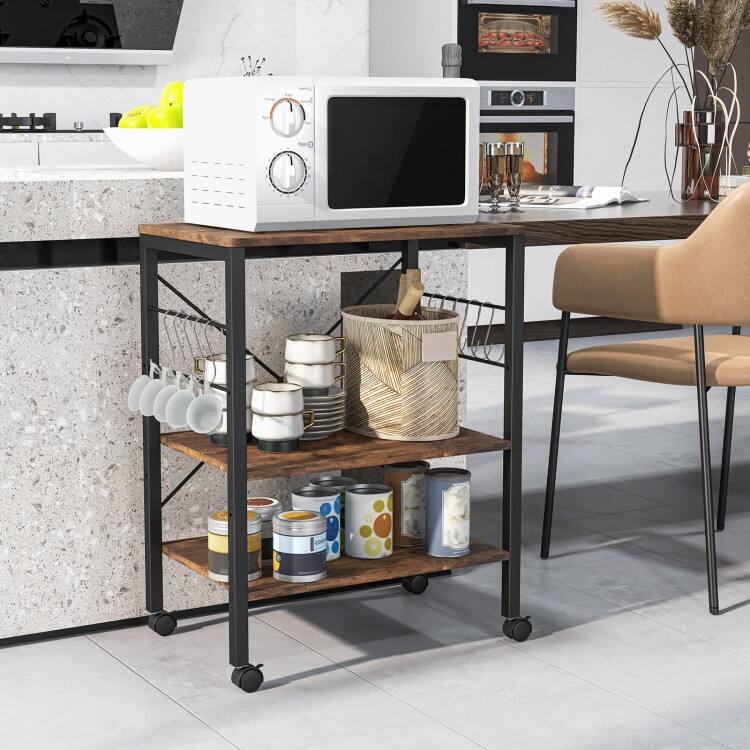 3-Tier Kitchen Baker's Rack Microwave Oven Storage Cart with Hooks - 23.5" x 16" x 29" (L x W x H) - Rustic Brown