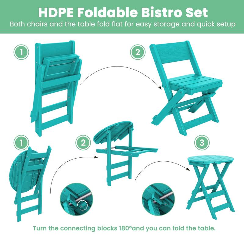 3-Piece Outdoor HDPE Bistro Set, Waterproof, Weather-Resistant & Foldable